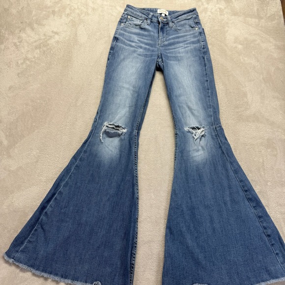 Shyanne Jeans Women's 25 Boho Hippie Bell Bottom Flare Distressed Raw Hem Denim - Picture 1 of 14